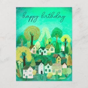 Cartão Postal FELIZ ANIVERSÁRIO Ilustração de Vila Country Fofa