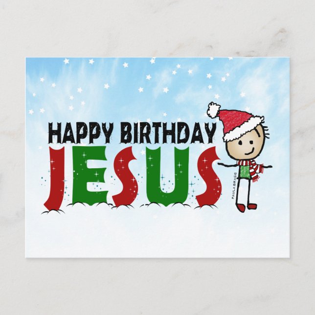 Cartão Postal Feliz Aniversário Jesus Natal Stickman (Frente)
