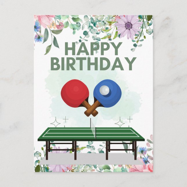 Cartão Postal Feliz Aniversário Jogador de Tênis de Mesa Ping Po (Frente)