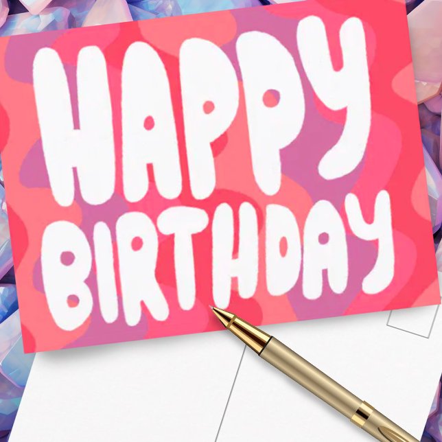 Cartão Postal FELIZ ANIVERSÁRIO Letras Borbulhantes Coloridas Bd (Pink curves custom happy birthday postcard)