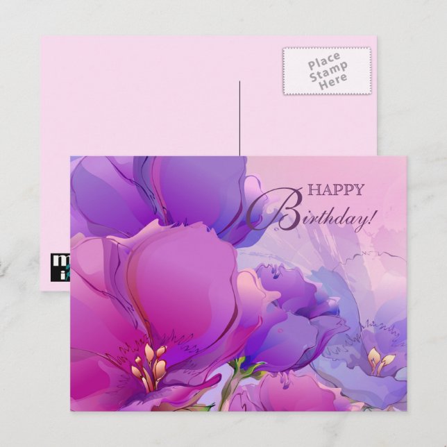 Cartão Postal Feliz aniversário. Lilcor rosa aquática Floral (Frente/Verso)