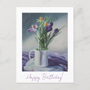Cartão Postal Feliz aniversário linda arte floral roxa fina 