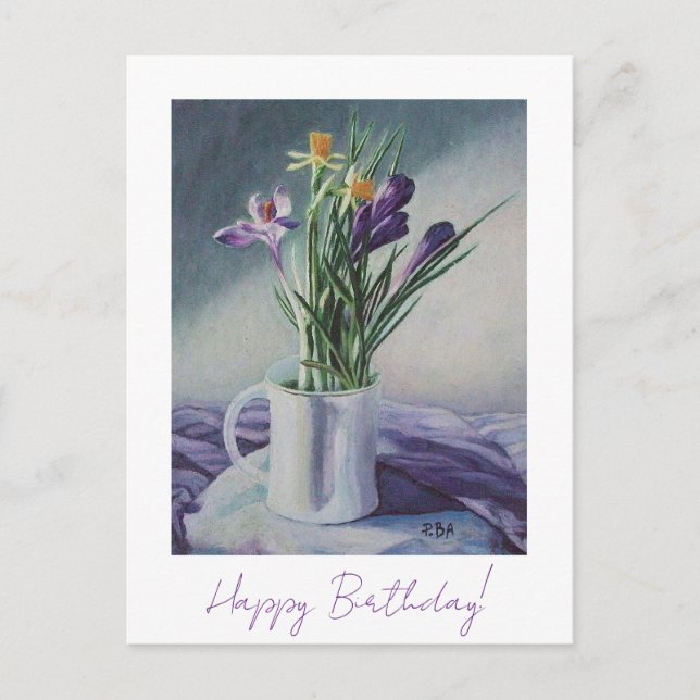 Cartão Postal Feliz aniversário linda arte floral roxa fina  (Frente)