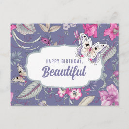 Cartão Postal Feliz Aniversário, Linda. Flores e borboletas