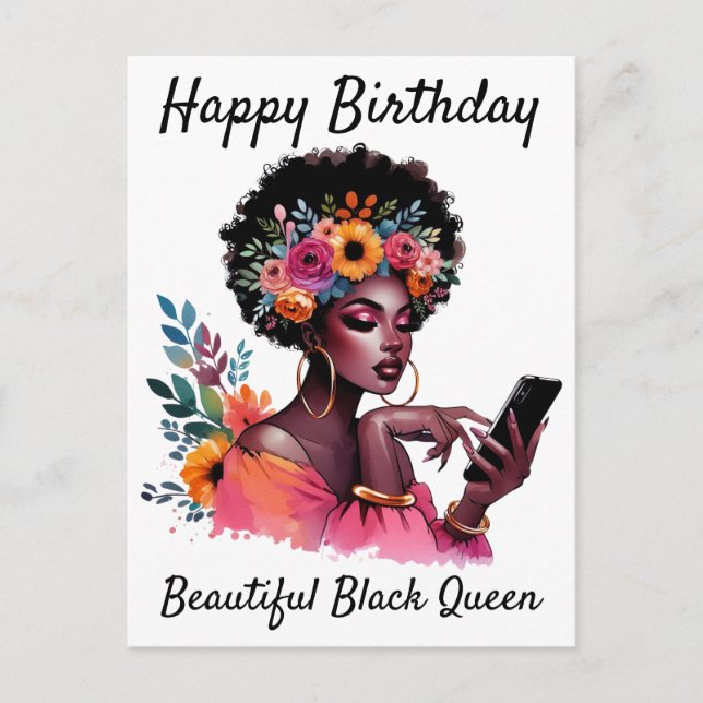 Cartão Postal Feliz Aniversário Linda Rainha Negra Melanina Irmã (Frente)