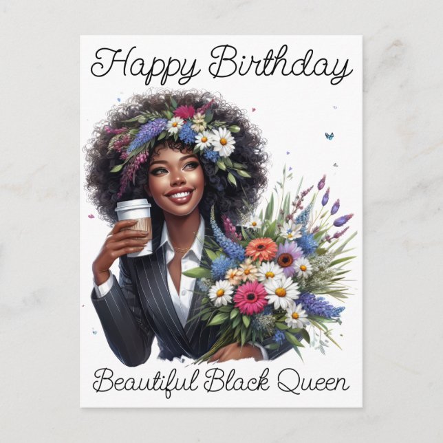Cartão Postal Feliz Aniversário Linda Rainha Negra Melanina Irmã (Frente)