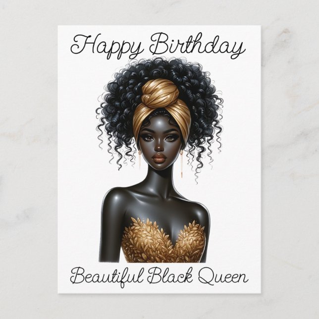 Cartão Postal Feliz aniversário, linda rainha negra, melanina po (Frente)