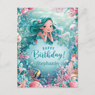 Cartão Postal Feliz Aniversário Linda Sereia Recife de Coral Sub