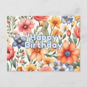 Cartão Postal Feliz Aniversário Lindas Flores Água-Fortes Abstra