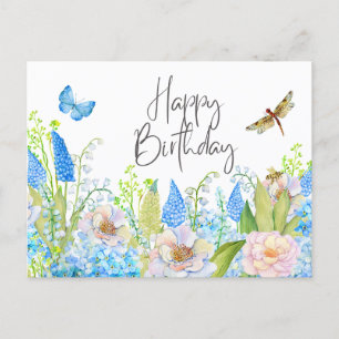 Cartão Postal Feliz Aniversário Lindas Flores de Aquarela