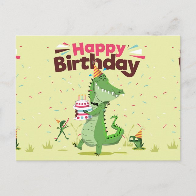 Cartão Postal Feliz Aniversário Lindos Crocodilos de Desenho Ani (Frente)