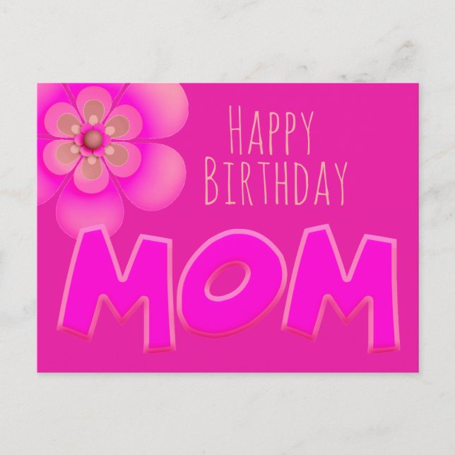 Cartão Postal Feliz aniversário Mãe em Diversão, Texto Rosa Bril (Frente)