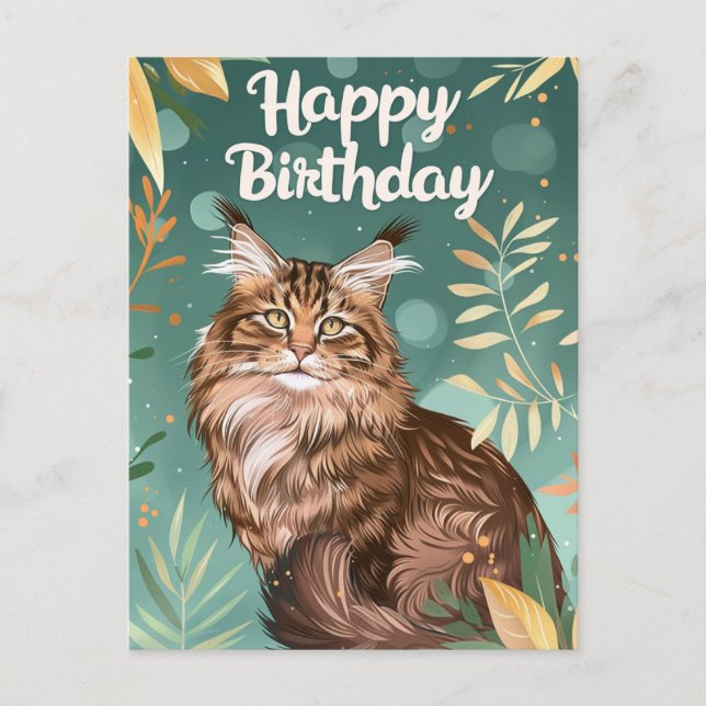 Cartão Postal Feliz Aniversário Maine Coon (Frente)