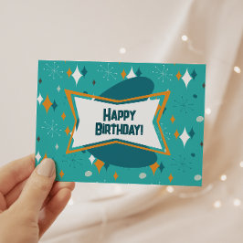 Cartão Postal Feliz Aniversário, MCM Starburst Atômico Turquesa