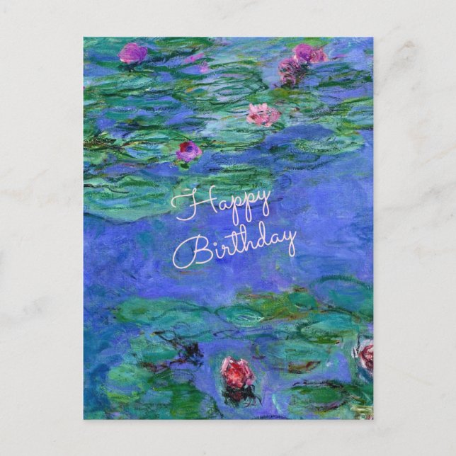 Cartão Postal Feliz Aniversário: Monet's Water Lily famosa arte (Frente)