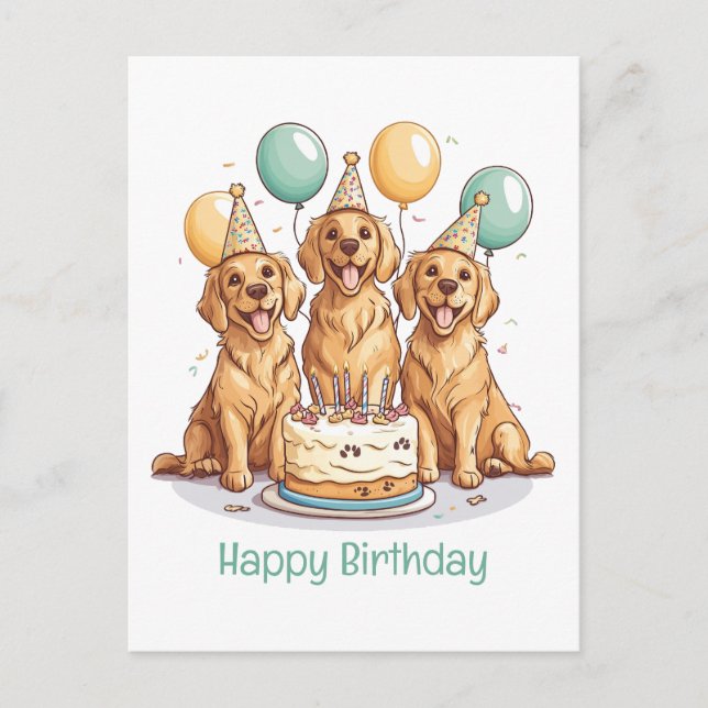 Cartão Postal Feliz Aniversário Ouro Cachorros de Retriever (Frente)