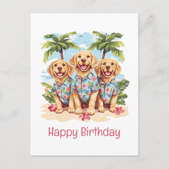 Cartão Postal Feliz Aniversário Ouro Retriever Cães Havaianos (Frente)