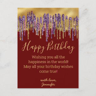 Cartão Postal feliz aniversário, ouro roxo pingando brilha verm
