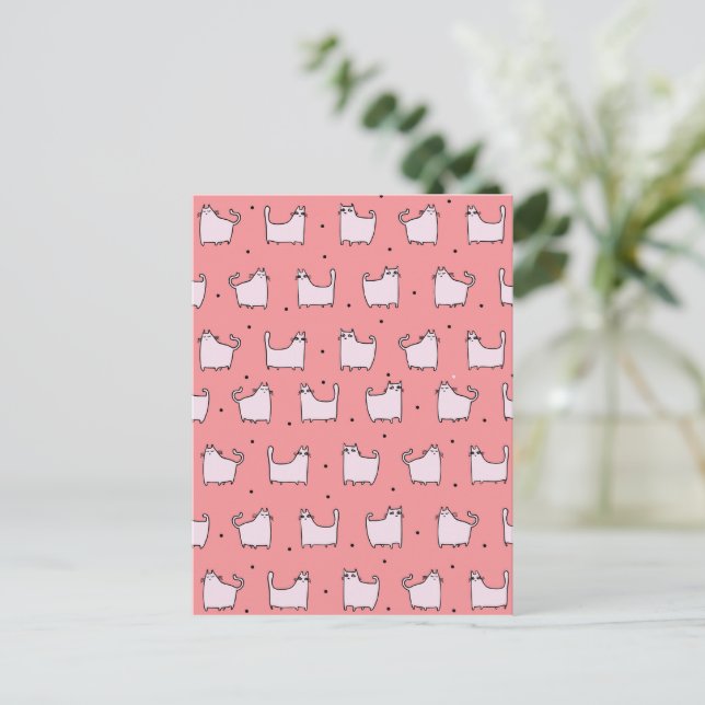 Cartão Postal Feliz Aniversário! Padrão de Gatos Rosa Fofos  (Em pé/Frente)