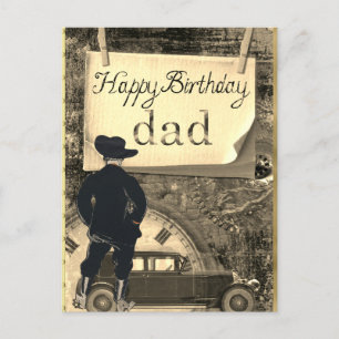 Cartão Postal Feliz Aniversário Pai  Carro Cowboy Relógio
