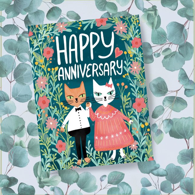 Cartão Postal Feliz Aniversário Par Perfeito Gatos Floral (Happy Anniversary Purr-fect Pair Cute Cats Floral Postcard
)