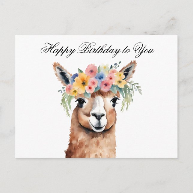 Cartão Postal Feliz aniversário para você Alpaca com flores (Frente)