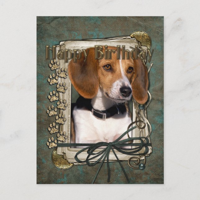 Cartão Postal Feliz Aniversário - Patas Pedras - Beagle (Frente)