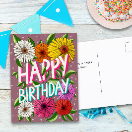 Cartão Postal Feliz Aniversário Personalizado com Flores Cor-de-