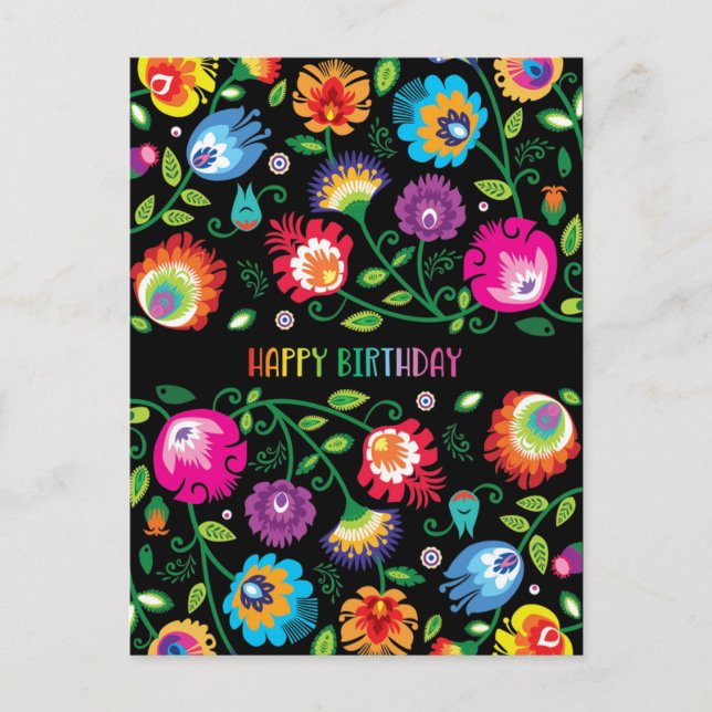 Cartão Postal 🌸 Feliz Aniversário, personalizável folclore vert (Frente)