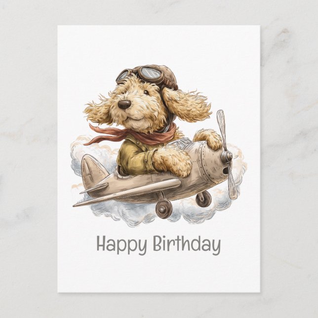 Cartão Postal Feliz Aniversário Piloto Cachorro Goldendoododle (Frente)