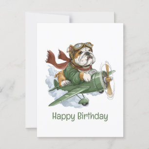 Cartão Postal Feliz Aniversário Piloto de Avião Bulldog Inglês