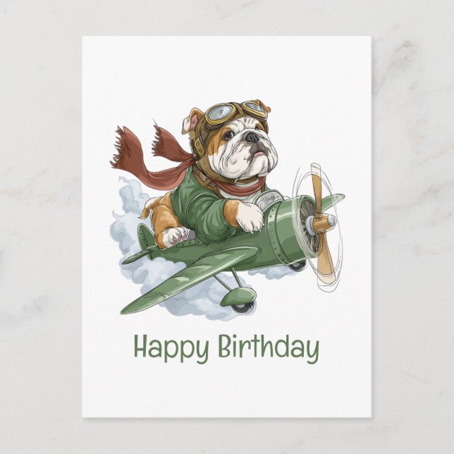 Cartão Postal Feliz Aniversário Piloto de Buldogue Inglês (Frente)