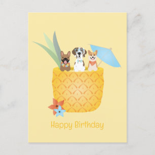 Cartão Postal Feliz Aniversário Pina Colada Cachorros Abacaxi