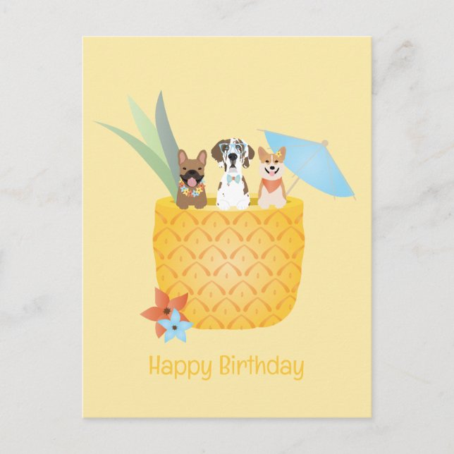 Cartão Postal Feliz Aniversário Pina Colada Cachorros de Abacaxi (Frente)