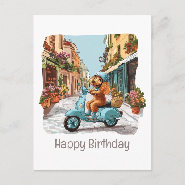 Cartão Postal Feliz Aniversário Poodle Padrão Cão Andando de Sco (Frente)
