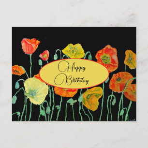 Cartão Postal Feliz Aniversário Poppy floral Vermelho Amarelo Ca