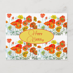 Cartão Postal Feliz Aniversário Poppy floral Vermelho Amarelo Ca