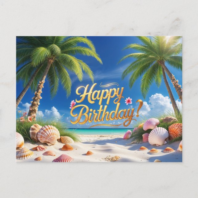 Cartão Postal Feliz Aniversário Praia Tropical Sumer  (Frente)