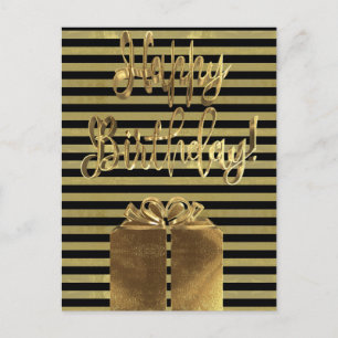 Cartão Postal Feliz Aniversário Presente Dourado Tipografia Neg