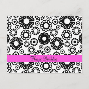 Cartão Postal Feliz Aniversário Preto Branco Retrô Flores Simple