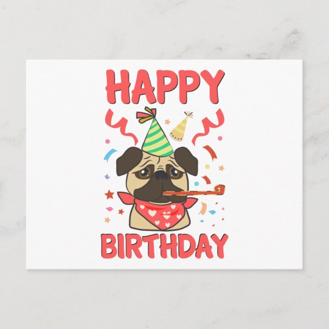 Cartão Postal Feliz Aniversário Pug Bulldog (Frente)