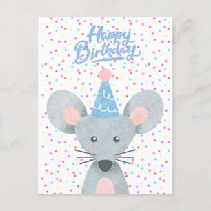 Cartão Postal Feliz Aniversário Rato Chapéu de Festa Confetes Fe