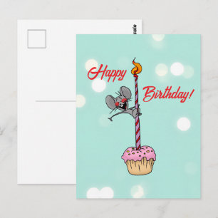 Cartão Postal Feliz Aniversário Rato com Bolo e Vela