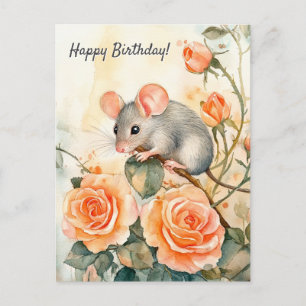 Cartão Postal Feliz aniversário rato e rosas