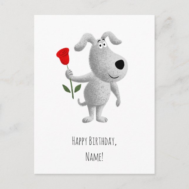 Cartão Postal Feliz Aniversário, Rosa vermelha de Cachorro Feliz (Frente)
