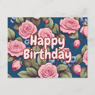 Cartão Postal Feliz Aniversário Rosas Cor-de-Rosa Flores Azuis