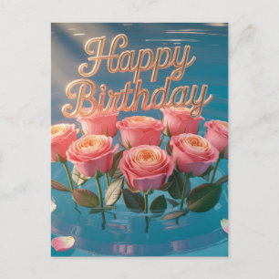Cartão Postal "Feliz Aniversário" Rosas Cor-de-Rosa na Água Azul