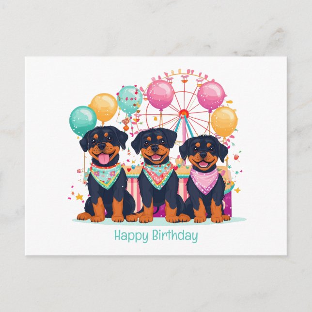 Cartão Postal Feliz Aniversário Rottweiler Cachorros Em Um Carna (Frente)