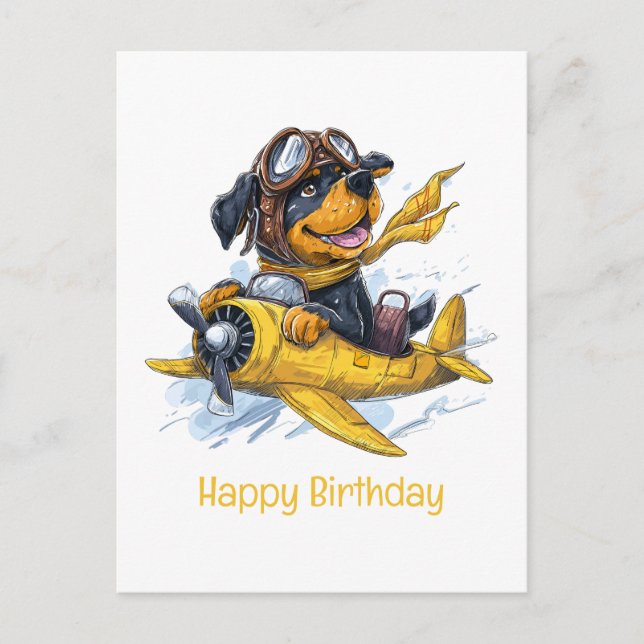 Cartão Postal Feliz Aniversário Rottweiler Piloto Avião (Frente)