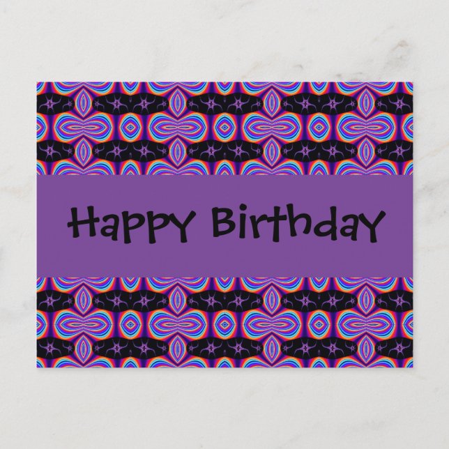 Cartão Postal Feliz aniversário, roxo e fractal preto (Frente)